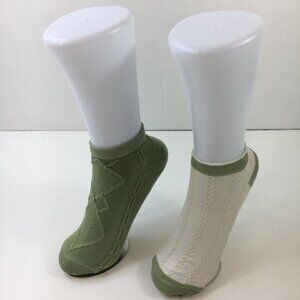 Womens Knit Pattern Ankle Socks 2 Pack No Show Green White